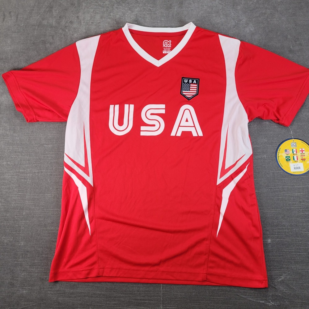 Rhinox‎ USA Soccer Jersey Mens Medium Red White Short Sleeve V-Neck New